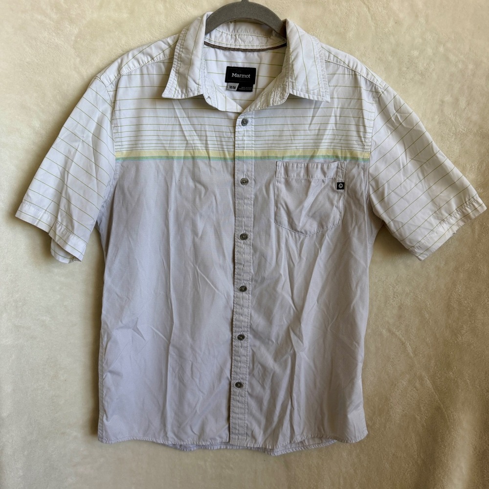 Marmot Mens Cream Green Yellow Striped Color Block Short Sleeve Camp Shirt M